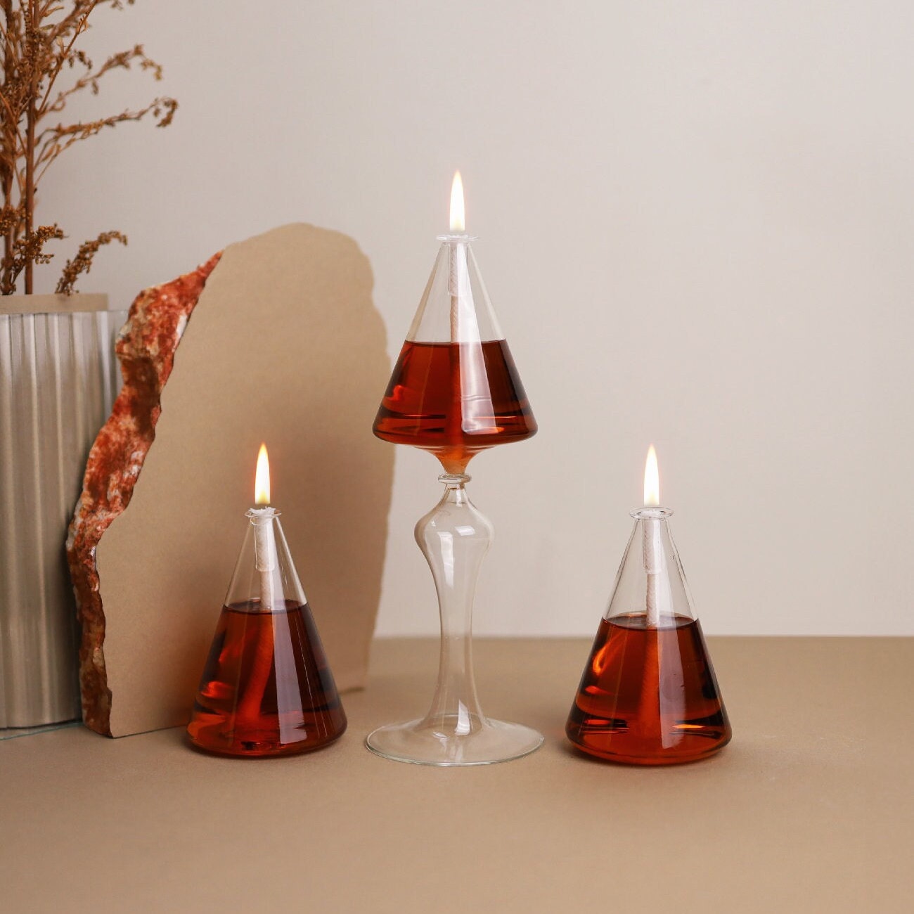 Refillable Oil Candles Glass, 3 Piece Dining Room Table Gift for Women, Vintage Decor Dining