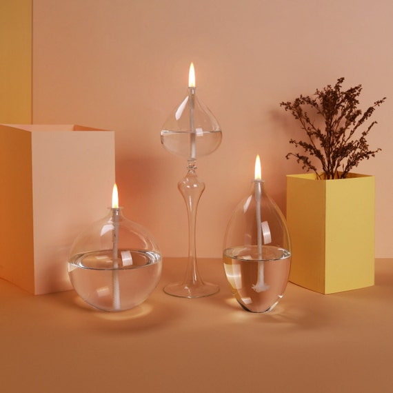 Handmade Decorative Glass Oil Lamps, Refillable Oil Candles Glass, Liquid  Candle, Reusable House Warming Gifts New Home 