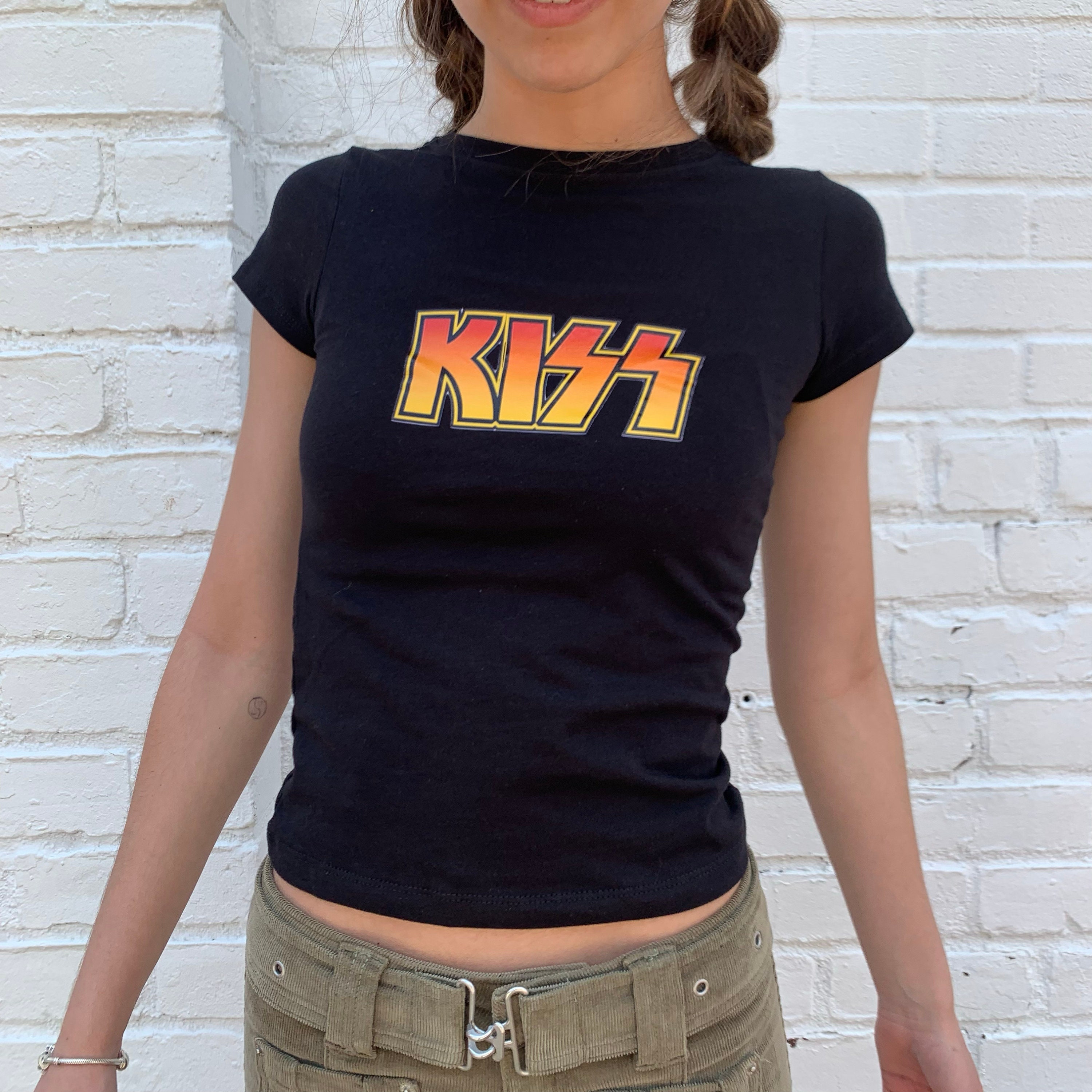 KISS Band, Women's Graphic Yellow Crop Band Tee, Size XL