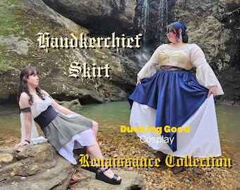 May include: Two women wearing Renaissance-style clothing. The woman on the left is wearing a green and white dress with a brown belt. The woman on the right is wearing a blue and white dress with a brown bodice. The text "Handkerchief Skirt" and "Ducking Good Cosplay Renaissance Collection" is visible in the image.