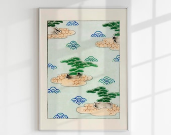 May include: A framed print of a traditional Japanese painting depicting green pine trees on islands surrounded by blue waves. The background is a light blue color.