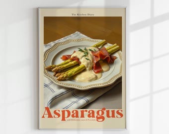 May include: A plate of asparagus with hollandaise sauce and prosciutto on a blue and white checkered tablecloth. The Kitchen Diary text is at the top of the image. The text "Asparagus with Hollandaise sauce & Prosciutto" is at the bottom of the image.