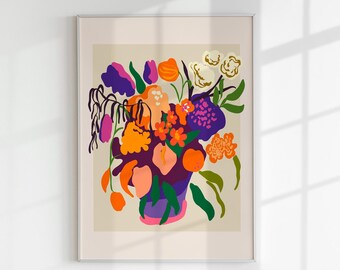 Vaso com flores coloridas - Impressão de arte botânica