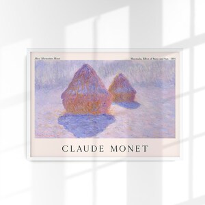 May include: A painting by Claude Monet titled "Haystacks, Effect of Snow and Sun - 1891". The painting depicts two haystacks in a snowy field with a soft, impressionistic style. The haystacks are painted in shades of pink, yellow, and brown, while the snow is a pale blue and white.