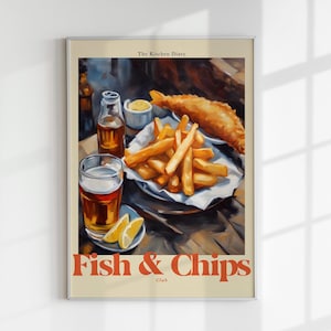 Könnte beinhalten: Ein Vintage-Poster mit einem Gemälde eines Tellers mit Fisch und Pommes, einem Glas Bier und einer Flasche Essig. Das Poster trägt den Titel "Fish & Chips Club" und oben den Text "The Kitchen Diary".