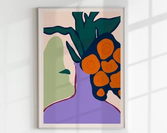 Impressão artística botânica de garrafa e flores