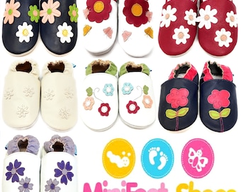 MiniFeet Soft Leather Baby Shoes, Toddler Shoes, Indoor Slippers, Soft Suede Sole - Floral Designs - 0-5 Years