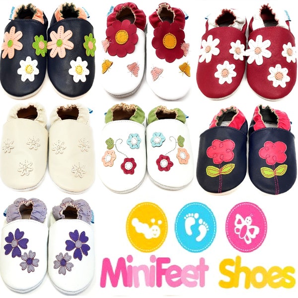 MiniFeet Soft Leather Baby Shoes, Toddler Shoes, Indoor Slippers, Soft Suede Sole - Floral Designs - 0-5 Years
