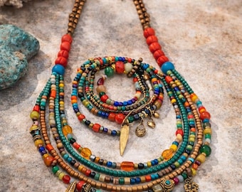 Handmade Bohemian Multi-Layer Necklace and Bracelet Set, Ethnic Beaded Jewelry, Colorful Festival Accessories