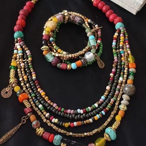 Handmade Bohemian Multi-Layer Necklace and Bracelet Set, Ethnic Beaded Jewelry, Colorful Festival Accessories