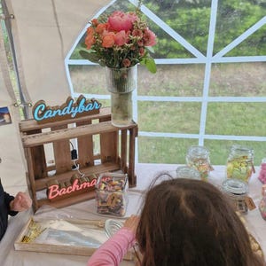 Könnte beinhalten: Ein hölzernes zweistöckiges Präsentationsregal mit einem hellblauen Neonschild mit der Aufschrift Candybar und einem rosa Neonschild mit der Aufschrift Bachmann. Eine gerippte Glasvase mit rosa und orangefarbenen Blumen steht daneben.