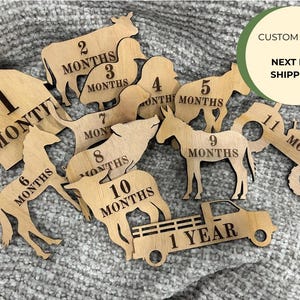 Baby Monthly Milestones | Wood Farm Animals 1 Month to 1 Year | Wooden Milestone Markers | Farm Theme Baby Nursery | Farm Animal Nursery