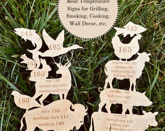 Birch Wood Meat Temperature Sign Set: Farm Animal Kitchen Decor