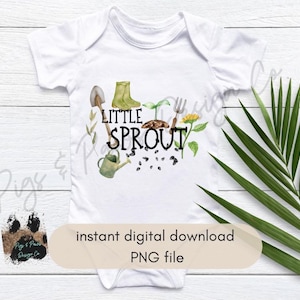 May include: White baby bodysuit with a green, brown, and yellow illustration of gardening tools, plants, and the text "Little Sprout".