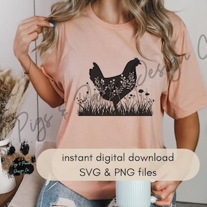 Archivos SVG y PNG de pollo floral / Camisetas de pollo / Pegatinas de pollo / Archivos de máquina de corte / Archivo Cricut / Archivo de máquina láser / SVG de granja