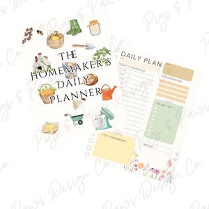 May include: A watercolor-style planner set featuring the text "The Homemaker's Daily Planner." The design includes illustrations of gardening tools, a mixer, and a watering can. The set also includes a daily plan and to-do list.