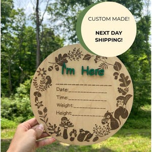 I'm Here Woodland Baby Announcement Sign | Baby Shower Gifts | Nursery Signs | Nursery Decor | Woodland Animals | Woodland Baby Shower