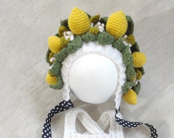 Newborn Lemon Bonnet, Cute Fruit Hat, Floral Costume for Spring, Baby Photo Prop, Nursery Lemon Headband, Lemon Flower Crown, Citrus Gift