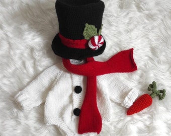 Newborn Snowman Costume, Snowman Hat, Top Hat and Red Scarf, Christmas Photoshoot Costume Handmade Holiday Costume for Photo Prop,