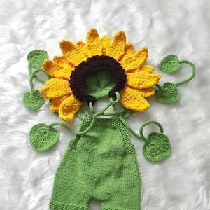 Newborn Sunflower Hat, Floral Bonnet, First Photo Prop, Woodland Halloween Costume, Baby Shower Gift, Newborn Photography Outfit, Romper Set