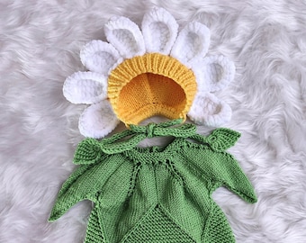 Newborn Flower Hat, Daisy Bonnet, First Photo Prop, Woodland Halloween Costume, Baby Shower Gift, Newborn Photography Outfit,  Romper Set