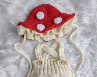 Newborn Knit Mushroom Outfit: Bamboo Baby Romper and Hat
