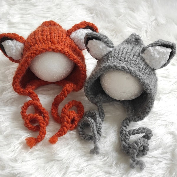 Hat With Fox Ears, Knitted Fox Bonnet, Wolf Bonnet, Newborn Wolf Hat, Woodland Animal Hat, Pixie Hat, Baby Fox Outfit, First Photoshoot