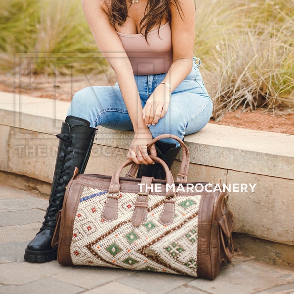 Bolso de cuero de aventura de viaje, bolso de fin de semana kilim Boho, bolso de viaje Kilim, bolso de lona, bolso de alfombra vintage, elegante regalo de bolso para ella