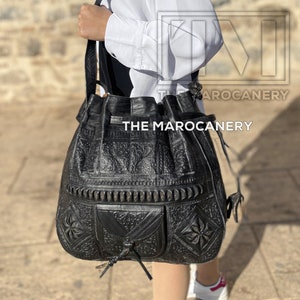 Handmde Large Engraved Leather Bucket Bag - Perfect for Making a Fashion Statement and Carrying all your essentials in Boho and Hippie Style