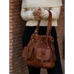 Handmade Drawstring Bucket Tote Bag: Genuine Leather Shoulder Purse