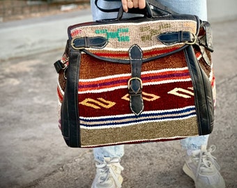 Black Leather Kilim Boho Duffle Bag - Moroccan Bohemian Travel Weekender