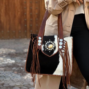 Handmade Cowhide Hair Leather Fringe Bag - Western Style Cowgirl Purse