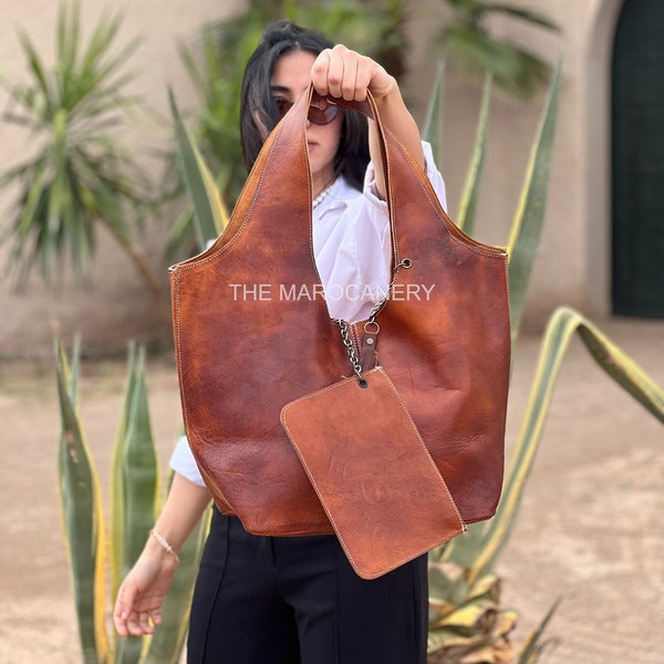 Slouchy Leather Bag with Removable Wallet - Soft Leather Handbag, Hobo Tote, Supple Shoulder Bag - Large, Customizable, Dark Tan