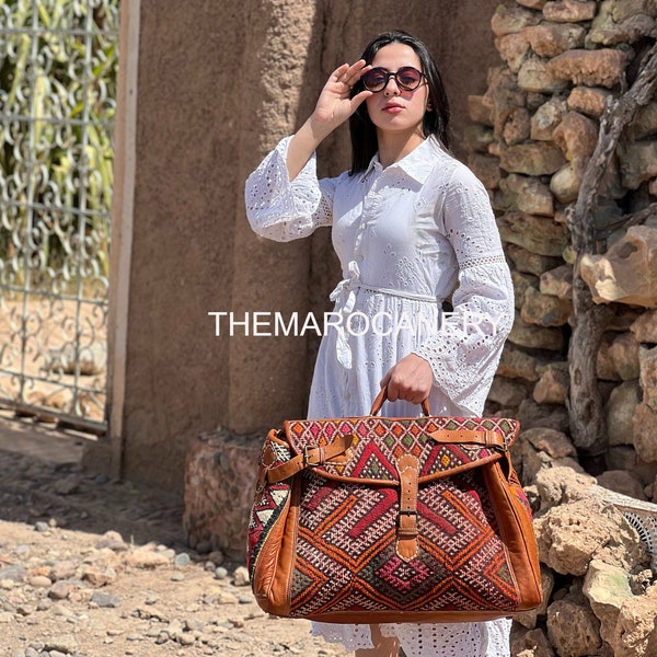 Extra large Boho Kilim Travel Bag - Vintage Weekender Duffle - Handmade Luggage - Moroccan and Leather - Large Carry-On - Customizable