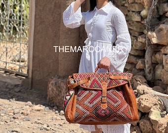 Extra large Boho Kilim Travel Bag - Vintage Weekender Duffle - Handmade Luggage - Moroccan and Leather - Large Carry-On - Customizable