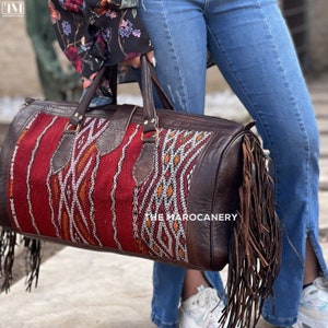Fringe Travel Bag, kilim Boho Weekender Bag, Kilim Travel Leather Bag, Duffel bag, vintage  Carpet Bag, Stylish Boho rug Bag gift for her