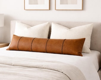 Handmade Leather Bolster Pillow Cover - Long Unstuffed Lumbar Cushion - Rustic Brown Leather Pillow - Unique Home Decor