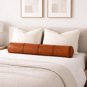 Moroccan Leather Bolster Pillow Cover, Cognac Long Lumbar Cushion Cover for Sofa Bed