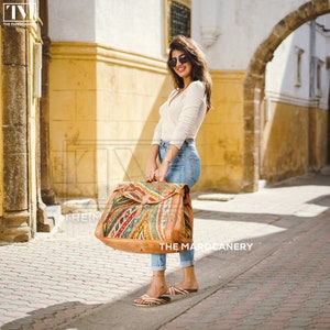 Reise-Abenteuer-Ledertasche, Kelim-Boho-Weekend-Tasche, Kelim-Reisetasche, Seesack, Vintage-Teppichtasche, stilvolle Handtasche als Geschenk für Sie