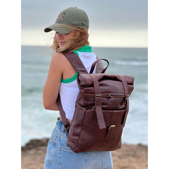 Handcrafted Leather Roll Top Backpack - Large Rucksack for  display picture 1