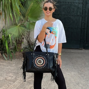 Borsa a tracolla con frange in pelle western – Borsa in pelle di mucca con design del sud-ovest lavorato a mano e stile cowboy