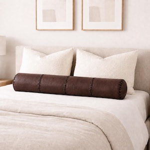 Dark Brown Moroccan Leather Bolster Pillow Cover, Long Lumbar Cushion Cover for Bed Sofa Bench