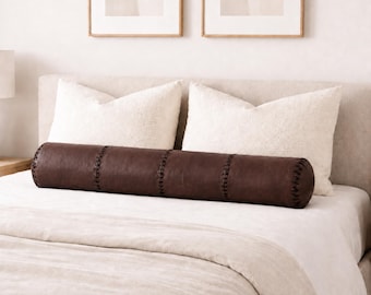 Funda de almohada cilíndrica de cuero marroquí marrón oscuro, funda de cojín lumbar larga para cama, sofá o banco.