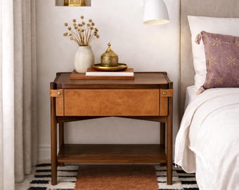 Moroccan Leather Nightstand in Walnut Finish Beech Wood, Handmade Wooden Bedside Table with Drawer and Shelf