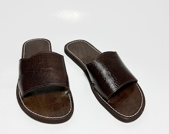 Men's Brown Genuine Leather Slides Sandals - Comfortable Open Toe Indoor Outdoor House Shoes