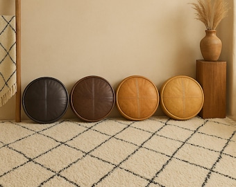 Cojín redondo de cuero genuino para el suelo, almohada bohemia hecha a mano, puf minimalista, decoración escandinava, almohada de meditación.