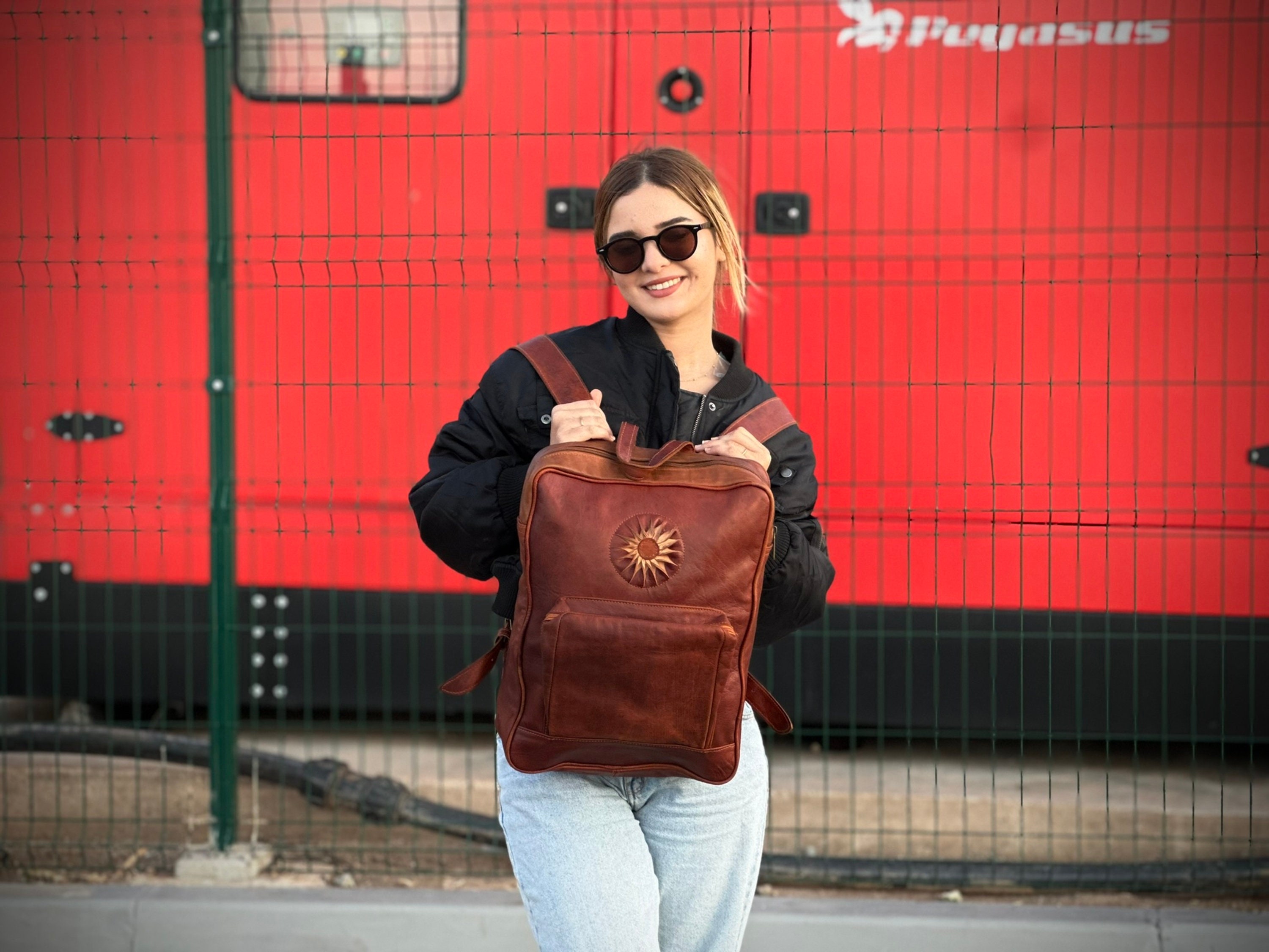 Handcrafted Bohemian Red and Brown Leather-Trim Backpack RedCanvasRucksack-Redfront.jpg  main image 2