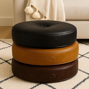 Oversized Tufted Leather Floor Cushion, 30-Inch Round Pouf with Handle, Large Meditation Pillow, Minimalist Floor Seating