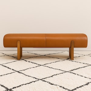 Handcrafted Moroccan Leather Bench | Tan Upholstery Accent Bench for Bedroom, Hallway, Entry | Boho Midcentury Modern Seat