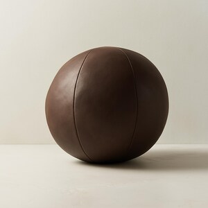 May include: A dark brown, spherical decorative object. The object has a smooth, leather-like texture and is divided into sections by vertical seams. The overall shape is round, and the color is a rich, deep brown.